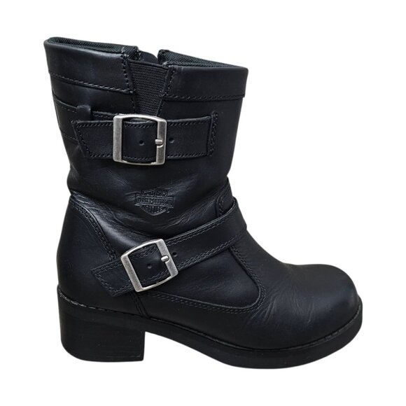 Harley Davidson Shelby Leather Buckle Zip Black Ankle Motorcycle Boots #83542 - Picture 2 of 14